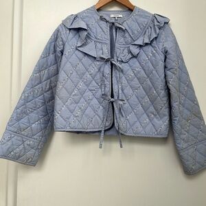 Ganni Blue Quilted Front Bow Tie Jacket with Front Ties